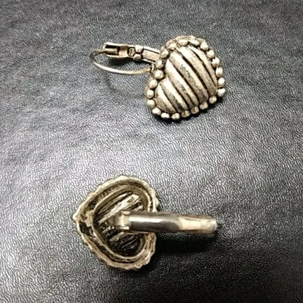 Silver tone heart earrings textured dangling